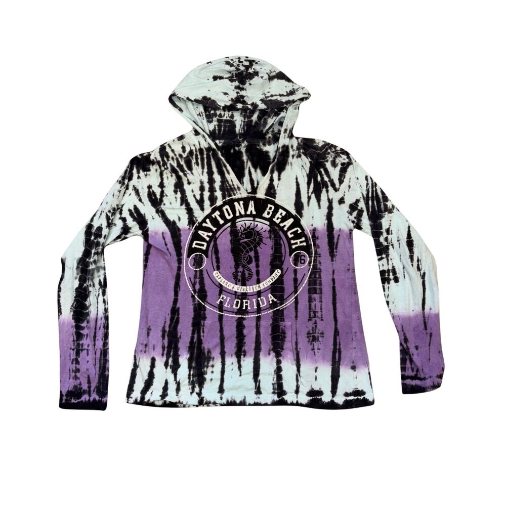 Daytona Beach Florida Tie-Dye Hooded T-Shirt Women’s Medium Aqua Purple Black